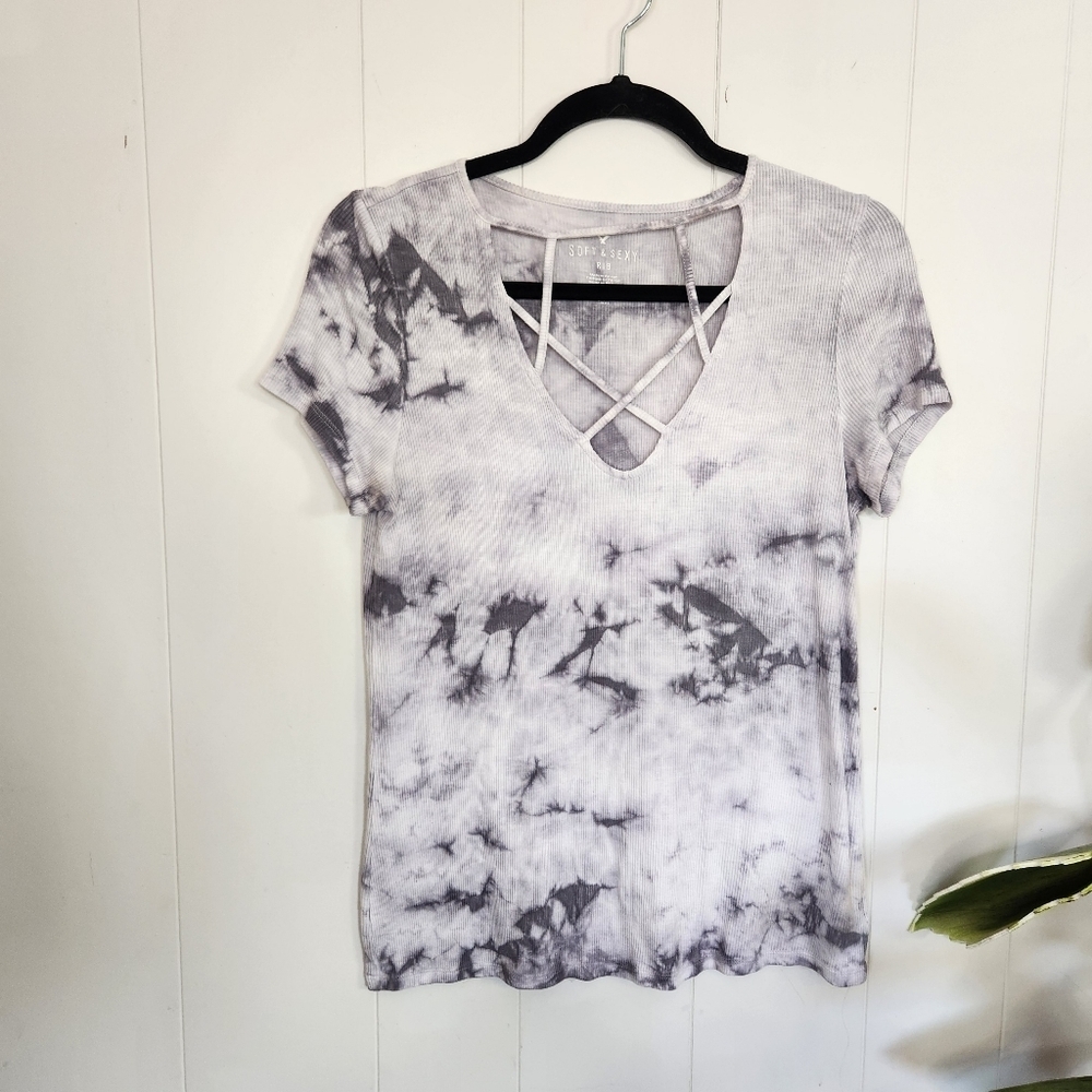 American Eagle Soft & Sexy Ribbed Black White Tie-Dye T-Shirt Strappy y2l 2000s - Picture 1 of 8